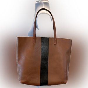 Madewell The Paintstripe Transport Leather Tote in brown & black pre-owned.